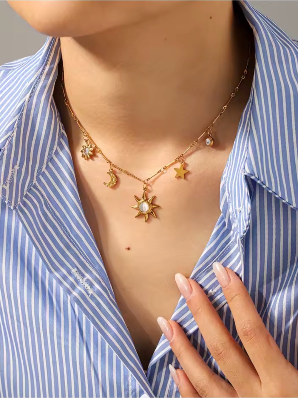 Gold Sun & Celestial Charm Necklace - WATERPROOF Hypoallergenic.